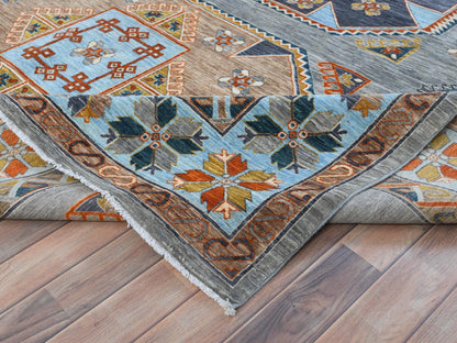 Tribal & Geometric hand-knotted wool rug in Gray & Light Blue, 9' x 11'9" — SKU O081273 (view 6)