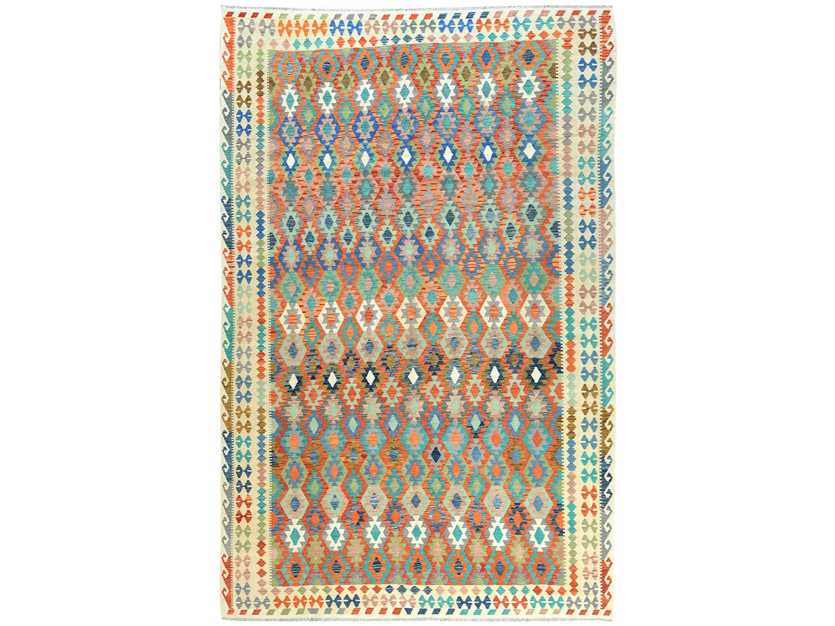Kilim Flat-Weave hand-knotted wool rug in Multicolored & Ivory, 10'4" x 16'1" — SKU O081593