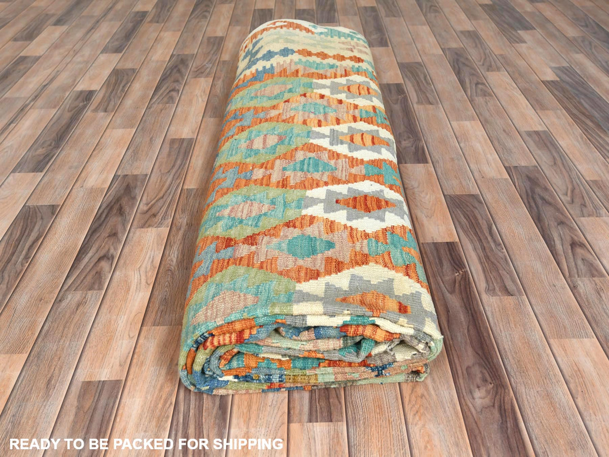 Kilim Flat-Weave hand-knotted wool rug in Multicolored & Ivory, 10'4" x 16'1" — SKU O081593 (view 4)
