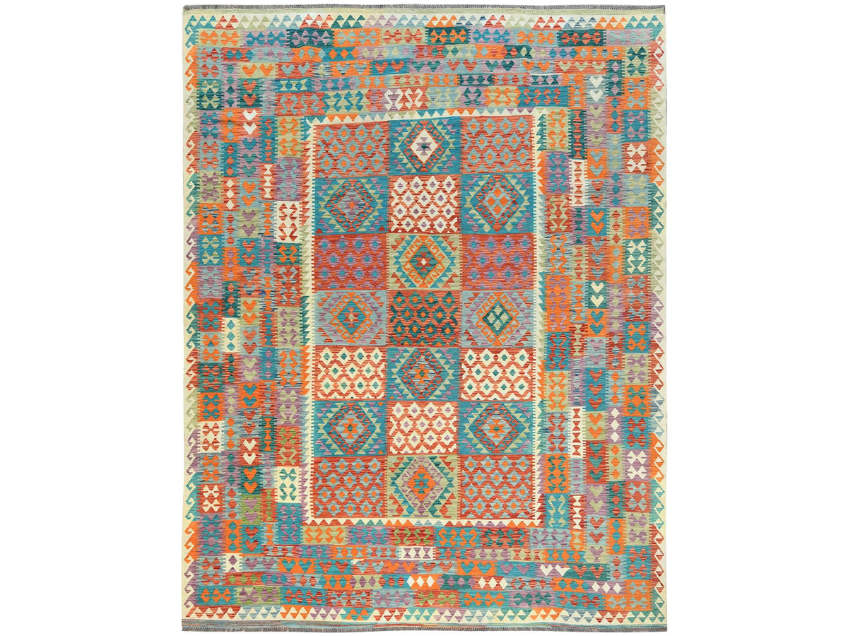 Kilim Flat-Weave hand-knotted wool rug in Multicolored, 9'9" x 13' — SKU O081597