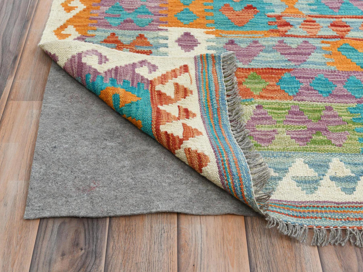 Kilim Flat-Weave hand-knotted wool rug in Multicolored, 9'9" x 13' — SKU O081597 (view 2)
