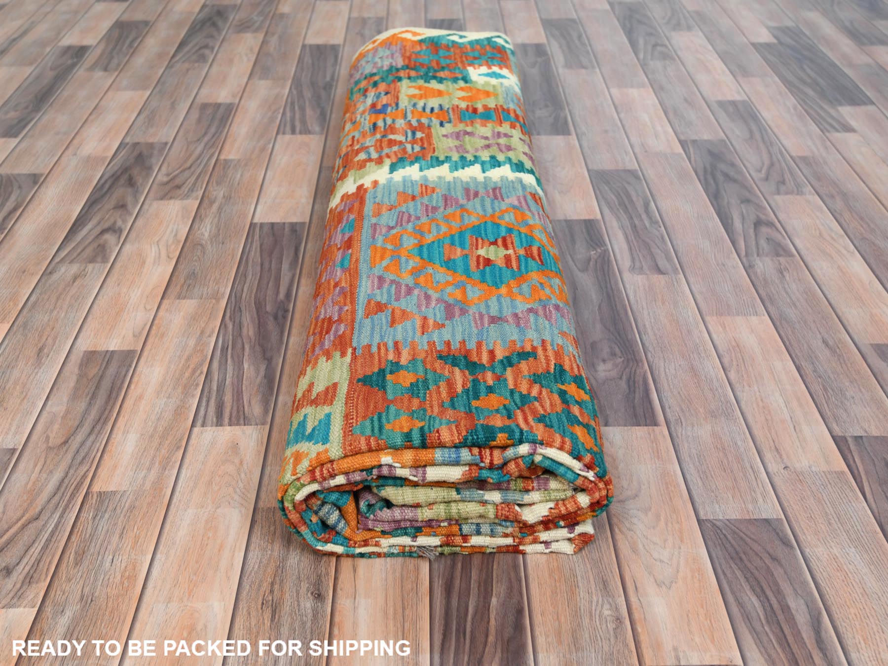 Kilim Flat-Weave hand-knotted wool rug in Multicolored, 9'9" x 13' — SKU O081597 (view 4)