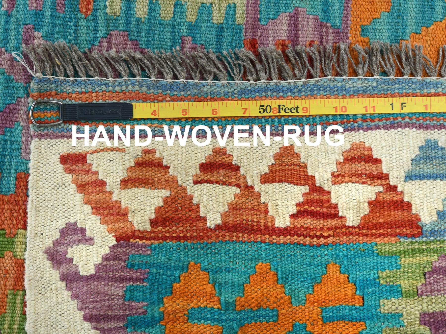 Kilim Flat-Weave hand-knotted wool rug in Multicolored, 9'9" x 13' — SKU O081597 (view 5)