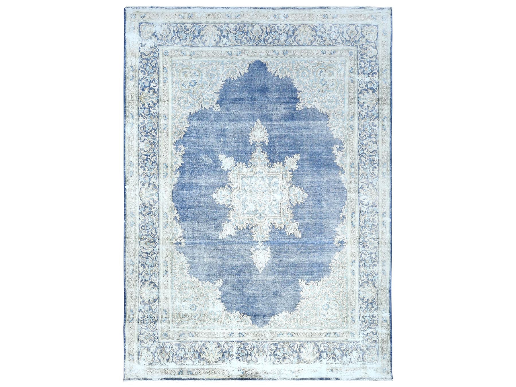 Kerman Vintage hand-knotted worn wool rug in Blue & Navy Blue, 8'9" x 12' — SKU O081608