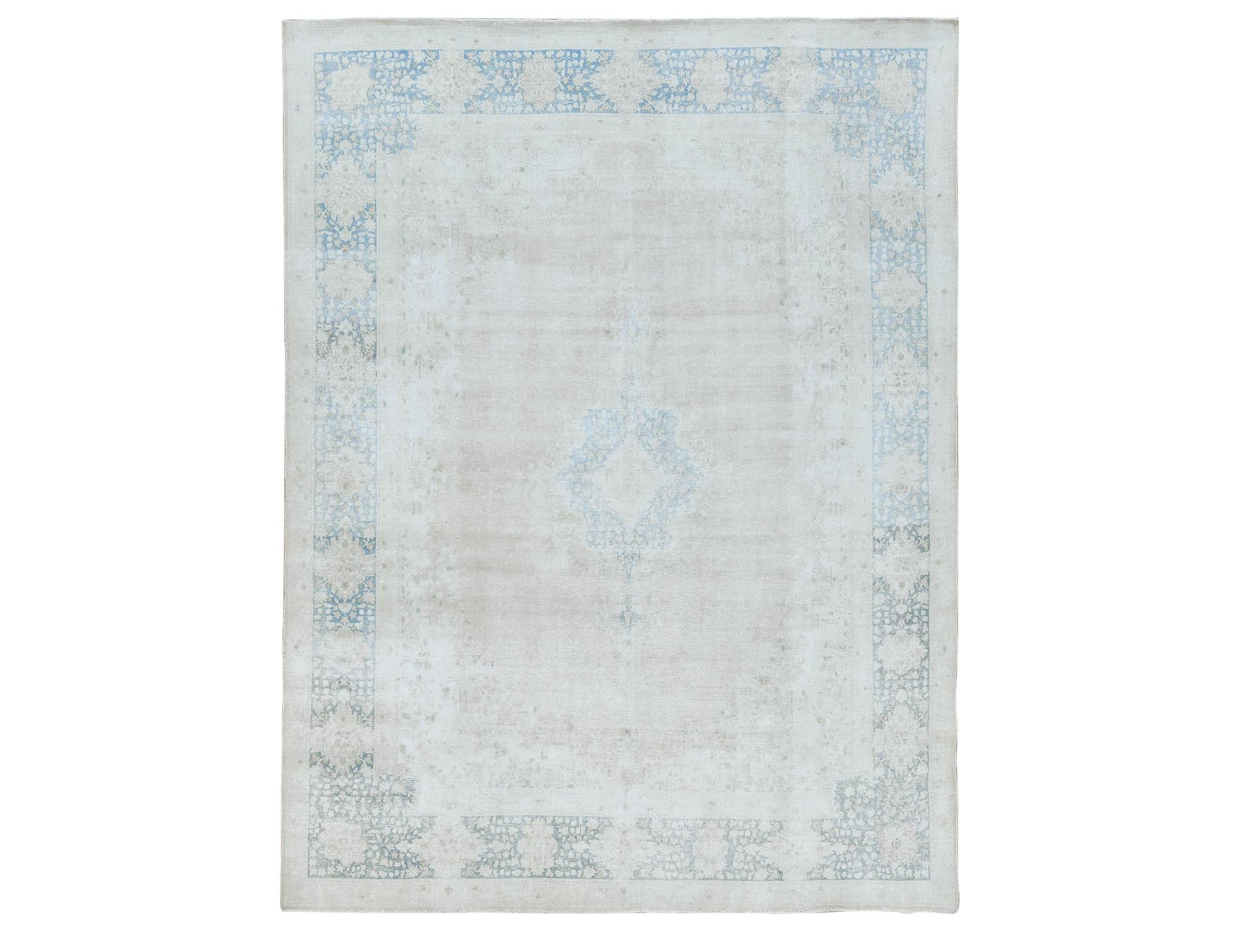 Kerman Vintage hand-knotted worn wool rug in Ivory & Navy Blue, 9'5" x 12'6" — SKU O081609