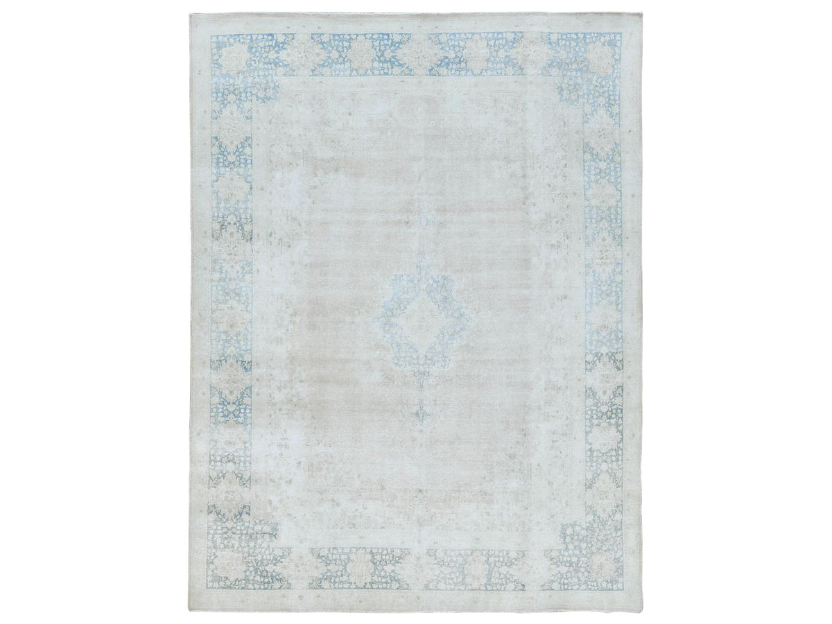 Kerman Vintage hand-knotted worn wool rug in Ivory & Navy Blue, 9'5" x 12'6" — SKU O081609