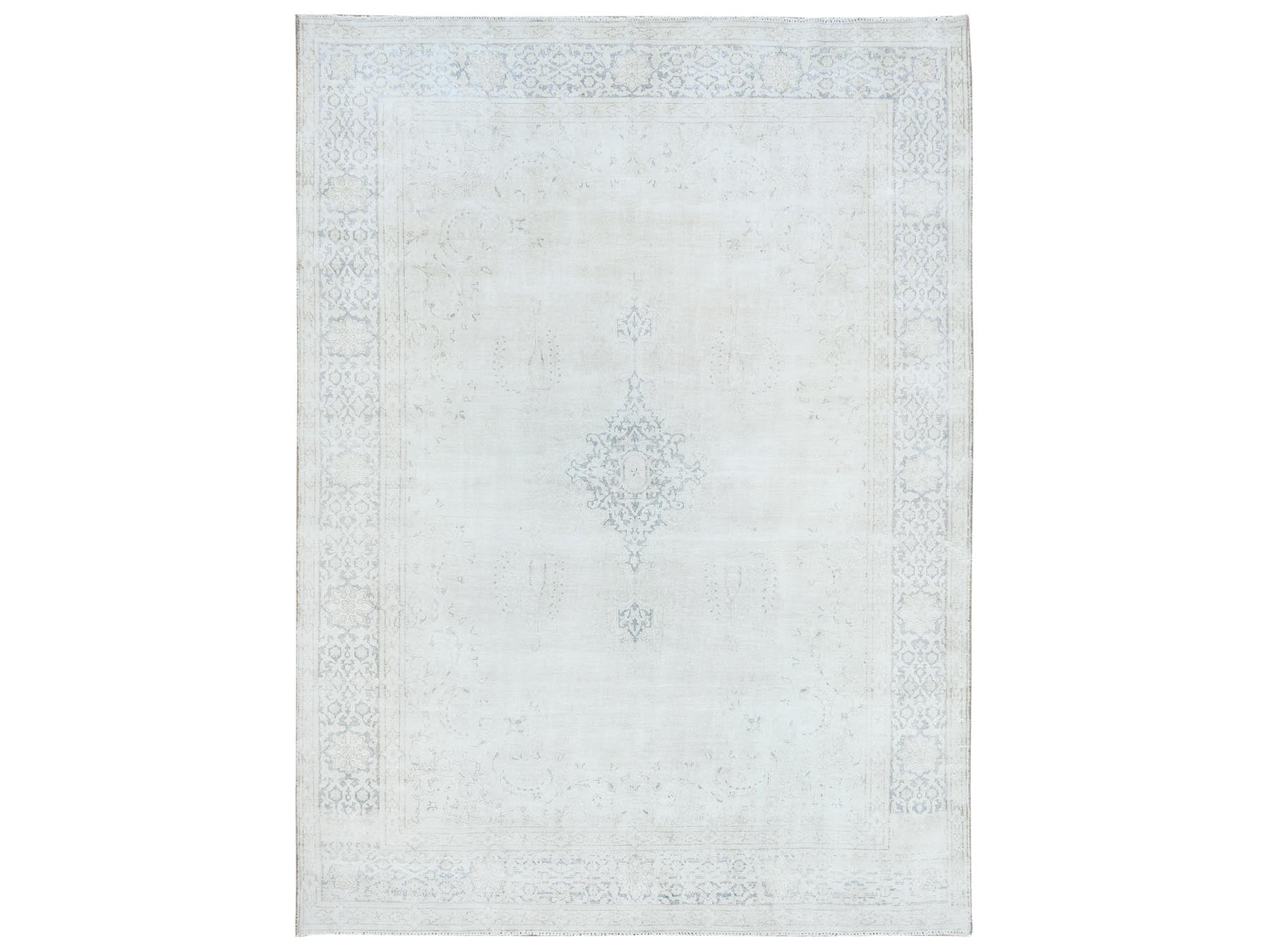 Kerman Vintage hand-knotted worn wool rug in Ivory & Denim Blue, 9'6" x 12'9" — SKU O081611