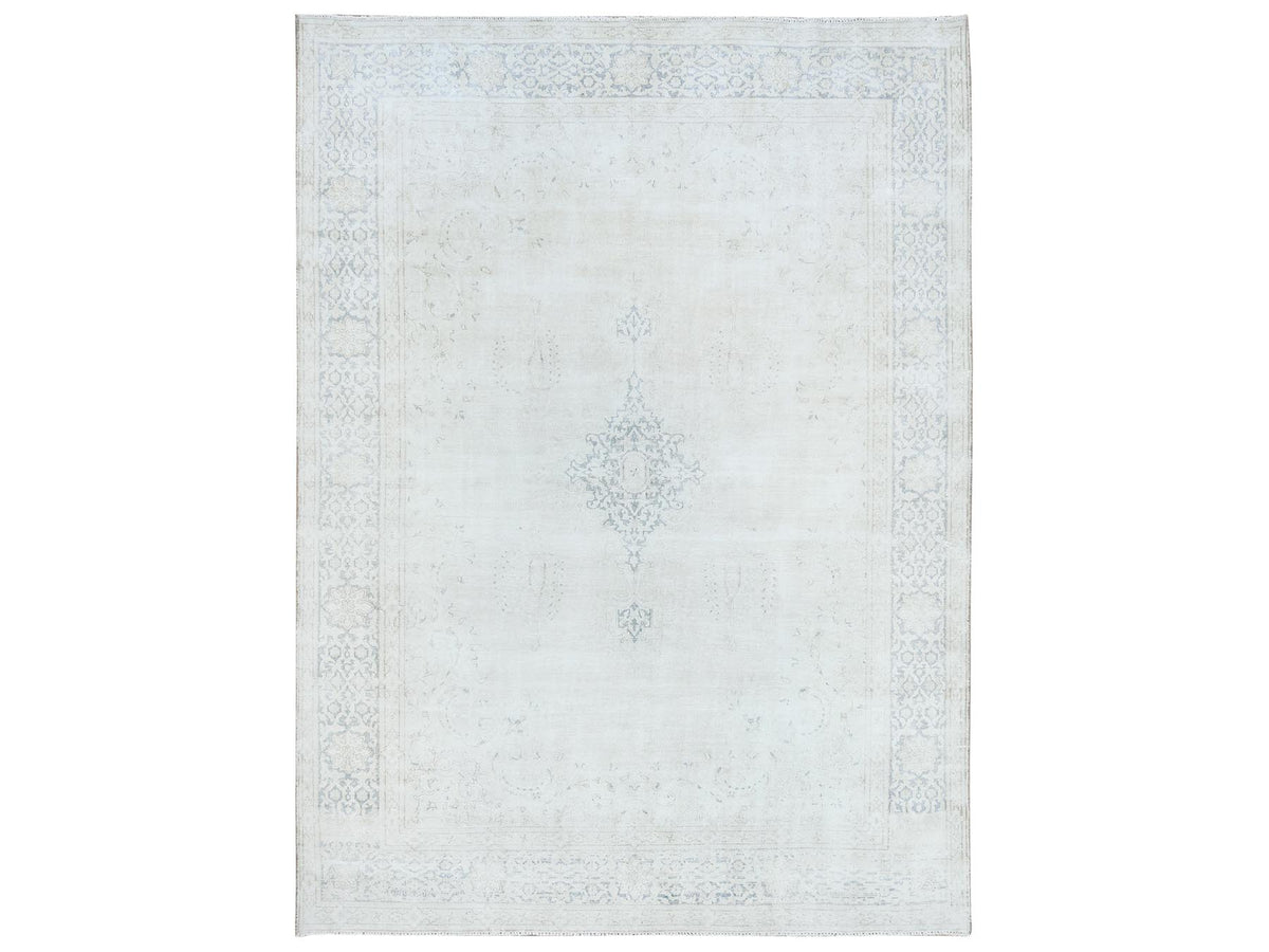 Kerman Vintage hand-knotted worn wool rug in Ivory & Denim Blue, 9'6" x 12'9" — SKU O081611