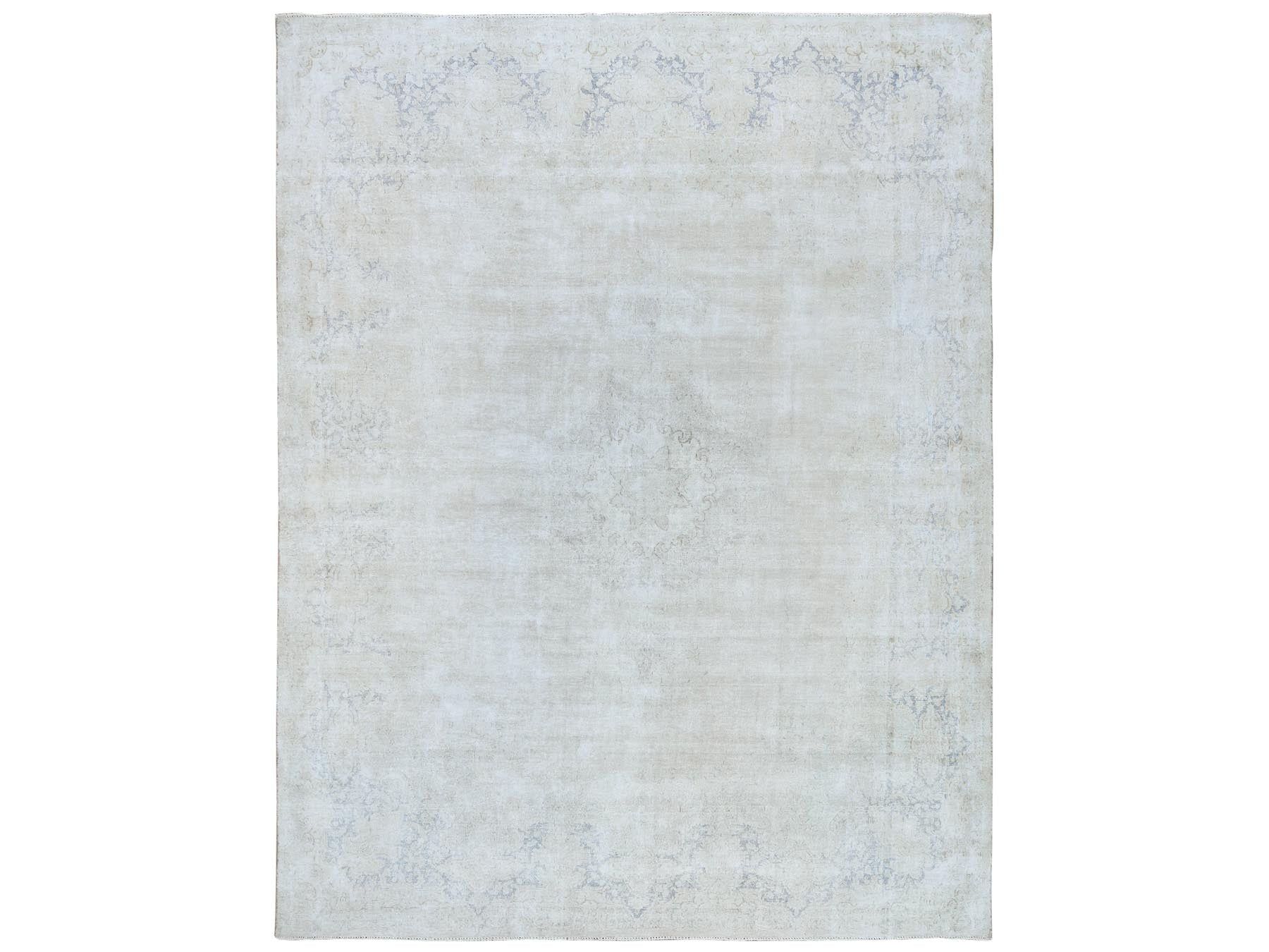 Kerman Vintage hand-knotted worn wool rug in Ivory & Navy Blue, 9'7" x 12'10" — SKU O081625