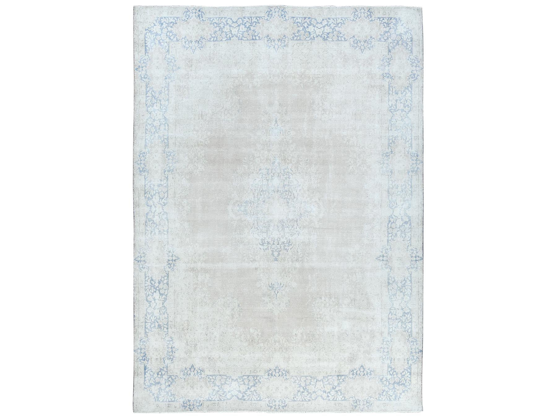 Kerman Vintage hand-knotted worn wool rug in Beige & Denim Blue, 9'7" x 13'2" — SKU O081628
