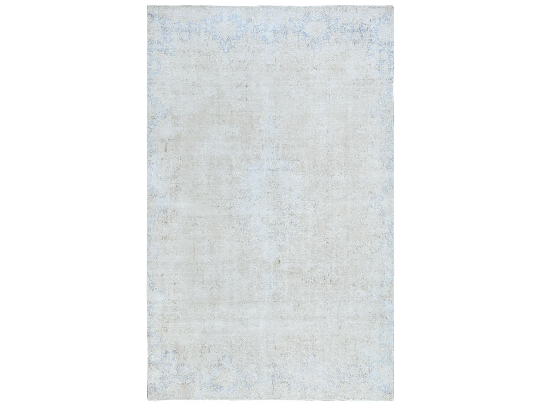 Kerman Vintage hand-knotted worn wool rug in Ivory & Denim Blue, 8'2" x 13' — SKU O081629