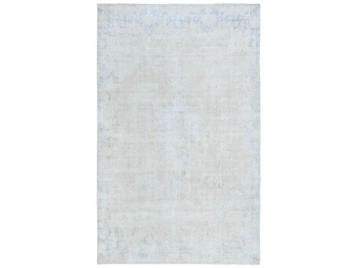 Kerman Vintage hand-knotted worn wool rug in Ivory & Denim Blue, 8'2" x 13' — SKU O081629