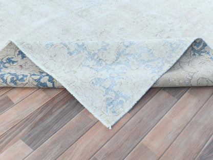 Kerman Vintage hand-knotted worn wool rug in Ivory & Denim Blue, 8'2" x 13' — SKU O081629 (view 6)