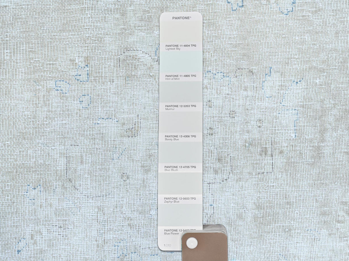 Kerman Vintage hand-knotted worn wool rug in Ivory & Denim Blue, 8'2" x 13' — SKU O081629 (view 7)