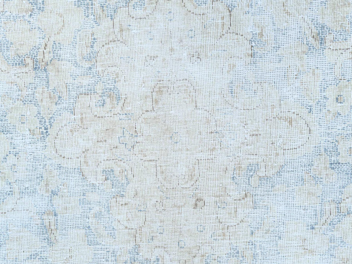 Kerman Vintage hand-knotted worn wool rug in Ivory & Denim Blue, 8'2" x 13' — SKU O081629 (view 8)