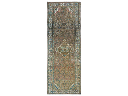 Brown 3'3" x 9'2" Vintage Hand knotted Wool Rug - Sku: O081638