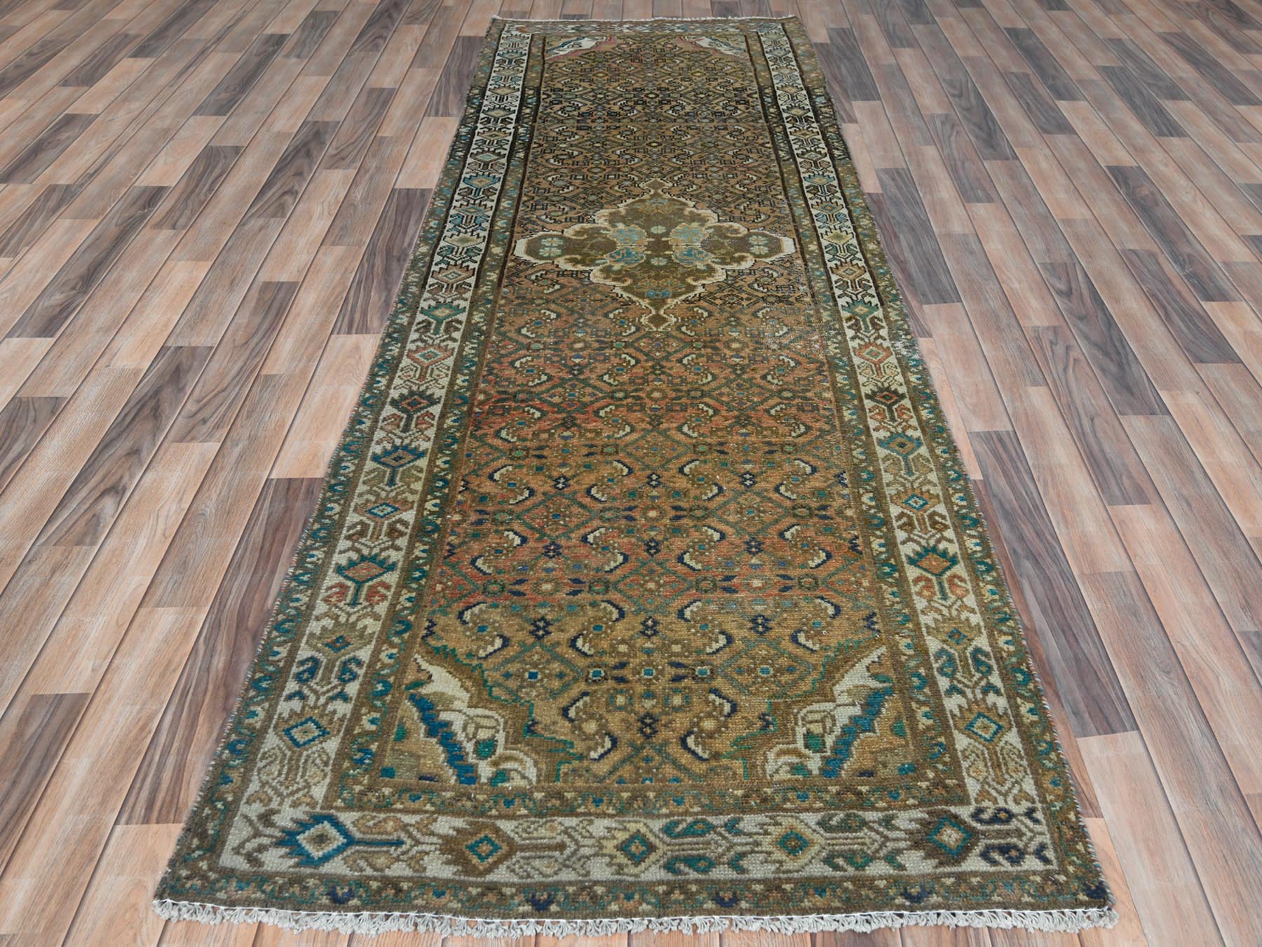 Brown 3'3" x 9'2" Vintage Hand knotted Wool Rug - Sku: O081638