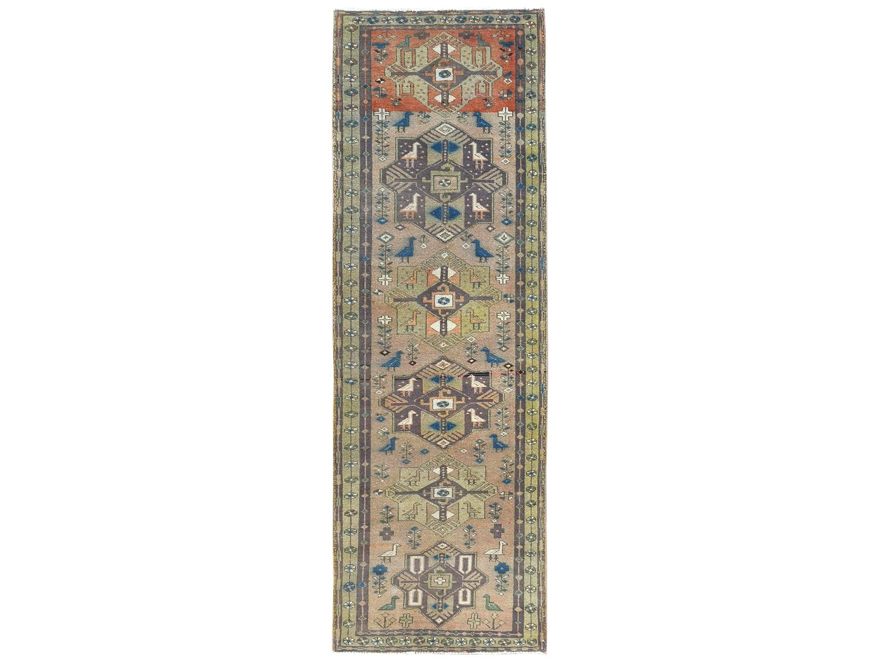 Brown 3'4" x 10'3" Vintage Hand knotted Wool Rug - Sku: O081657