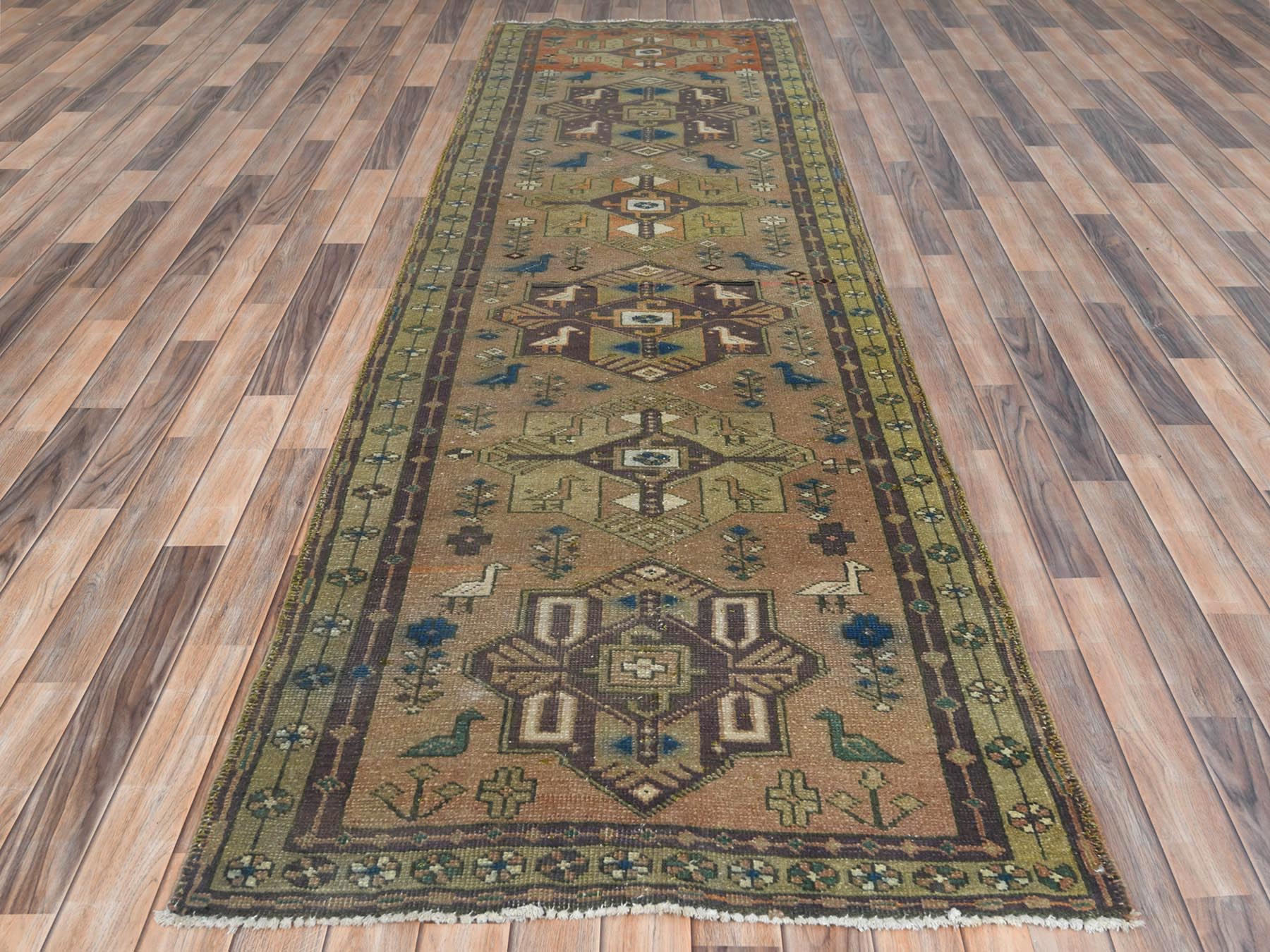 Brown 3'4" x 10'3" Vintage Hand knotted Wool Rug - Sku: O081657