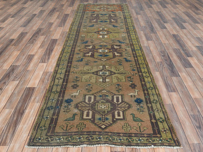 Brown 3'4" x 10'3" Vintage Hand knotted Wool Rug - Sku: O081657