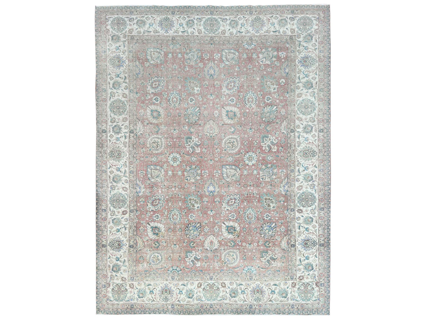 Tabriz Vintage hand-knotted worn wool rug in Red & Ivory, 11'1" x 14'7" — SKU O081742