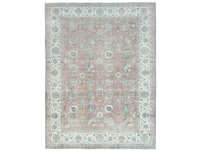 Tabriz Vintage hand-knotted worn wool rug in Red & Ivory, 11'1" x 14'7" — SKU O081742