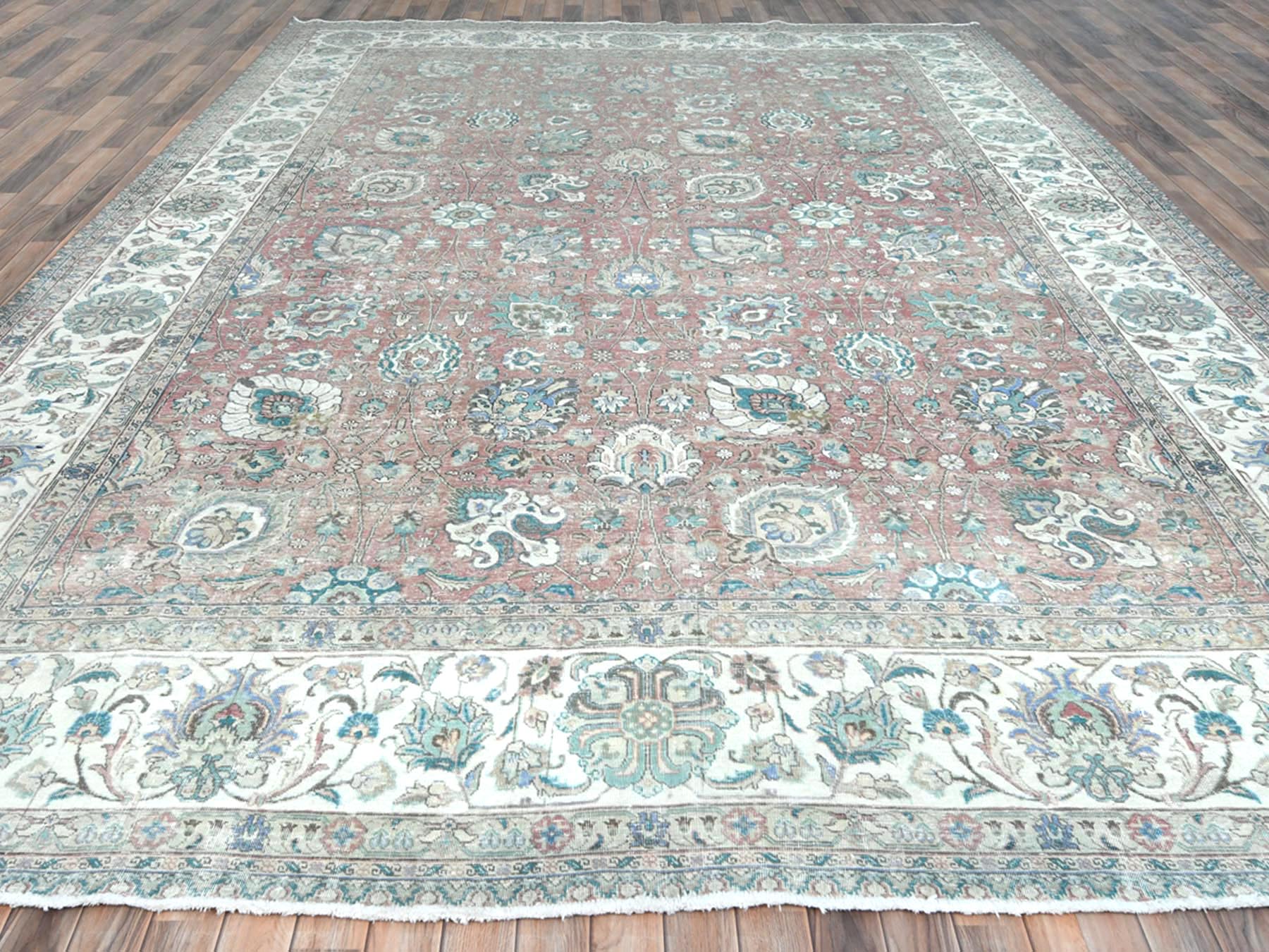 Tabriz Vintage hand-knotted worn wool rug in Red & Ivory, 11'1" x 14'7" — SKU O081742 (view 2)