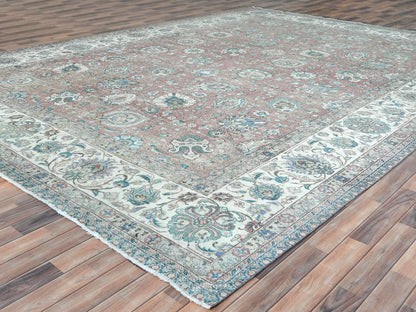 Tabriz Vintage hand-knotted worn wool rug in Red & Ivory, 11'1" x 14'7" — SKU O081742 (view 3)