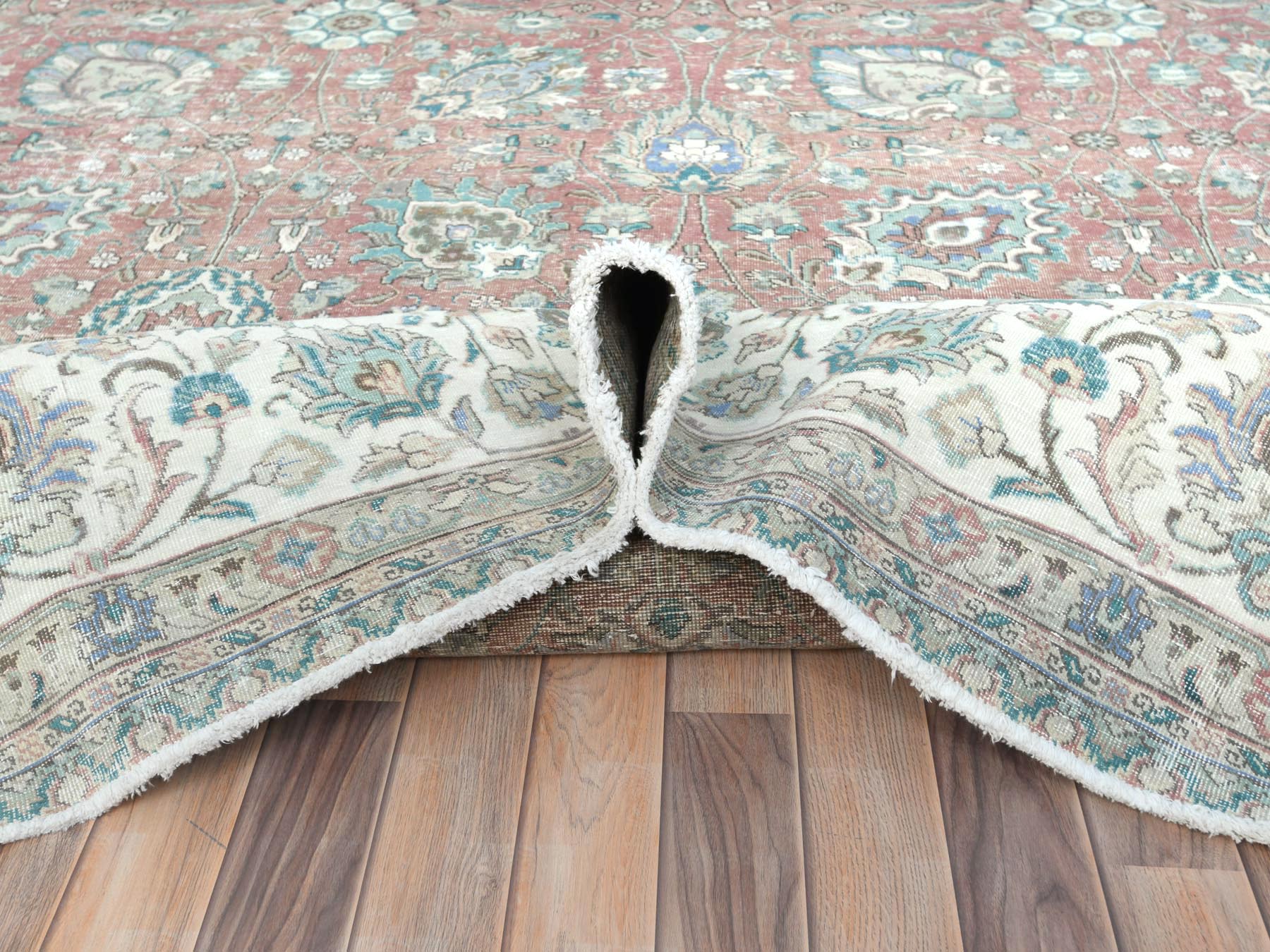 Tabriz Vintage hand-knotted worn wool rug in Red & Ivory, 11'1" x 14'7" — SKU O081742 (view 5)