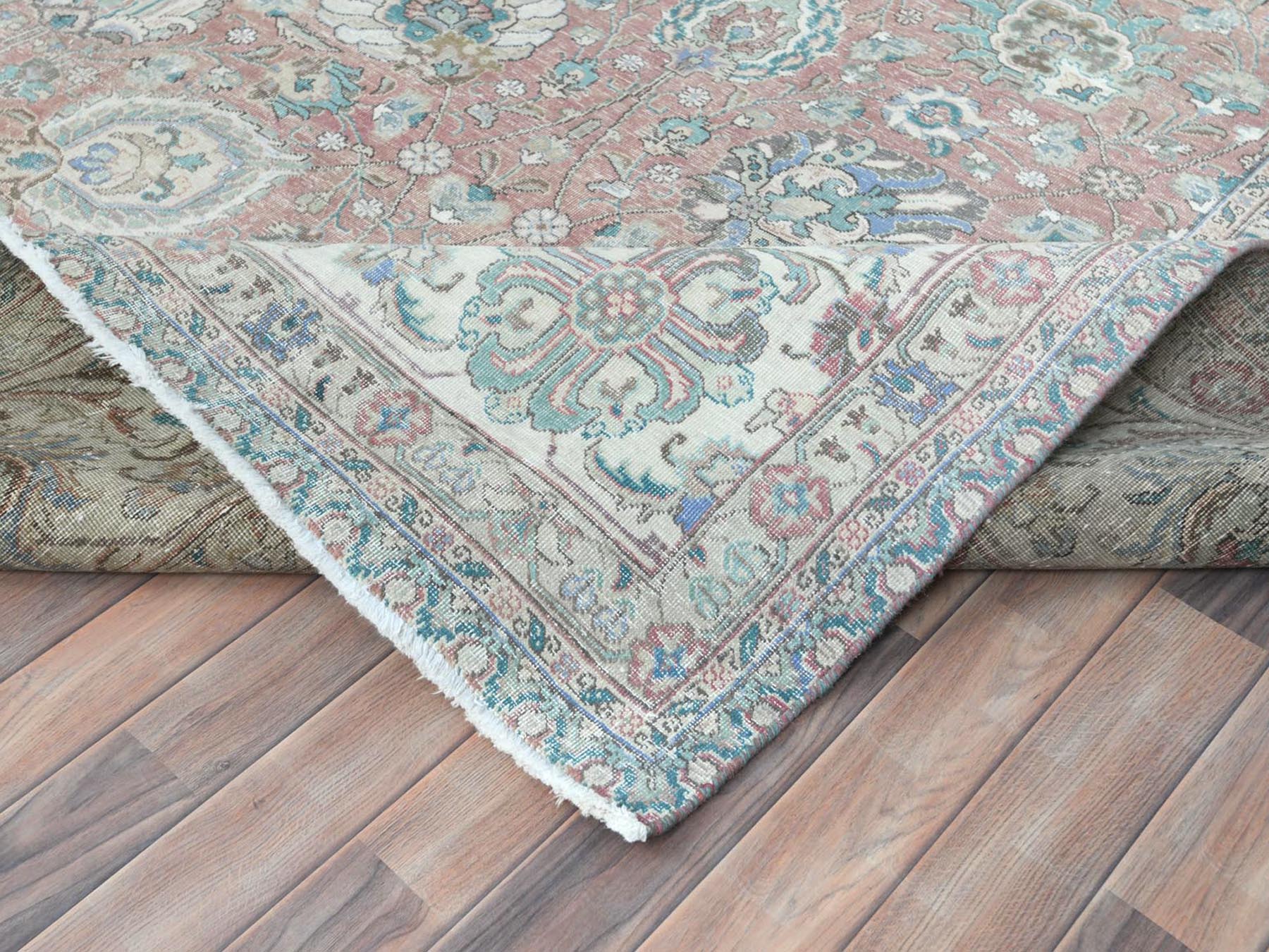 Tabriz Vintage hand-knotted worn wool rug in Red & Ivory, 11'1" x 14'7" — SKU O081742 (view 6)