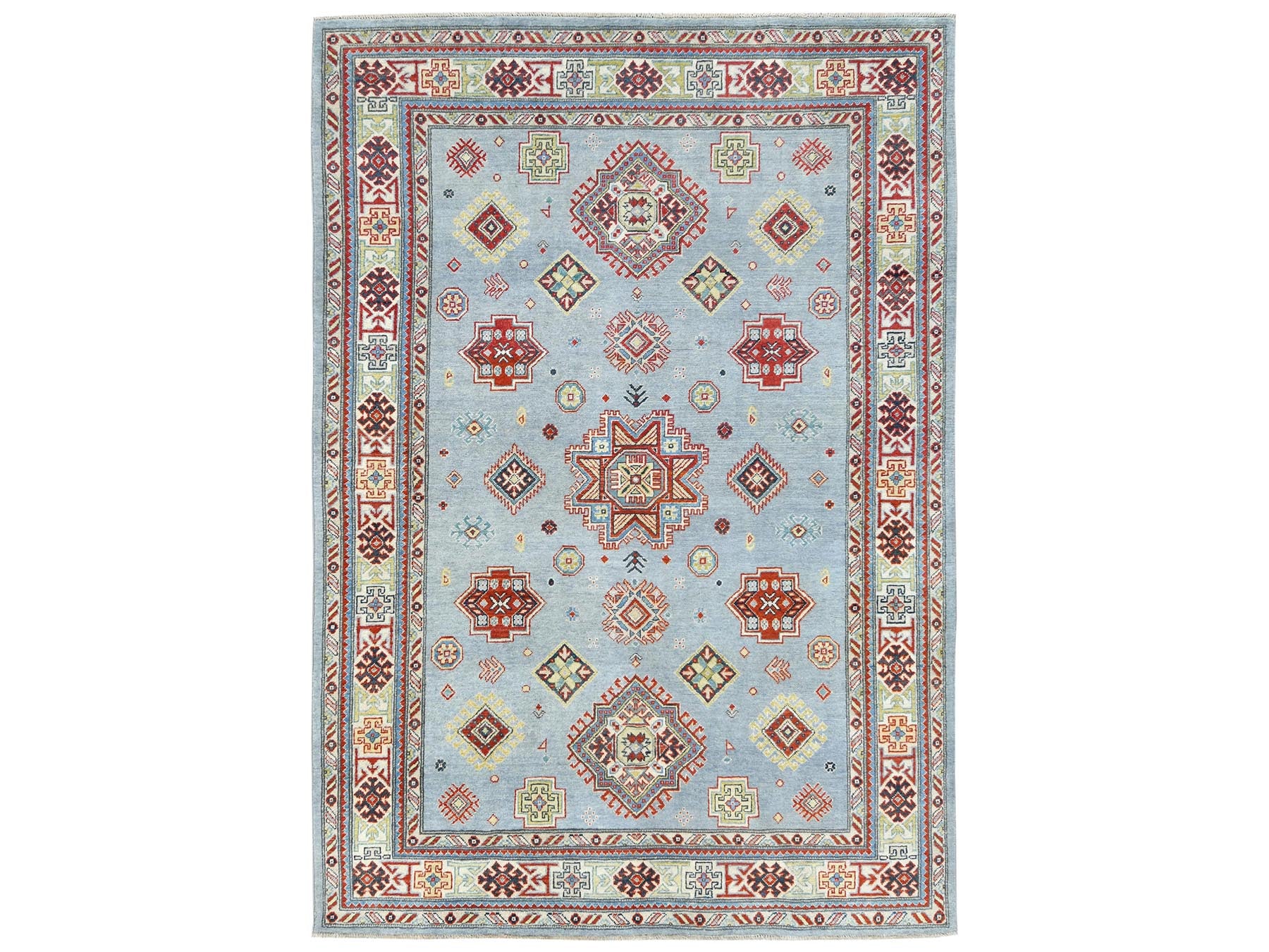 Kazak Tribal & Geometric hand-knotted wool rug in Blue & Ivory, 6'1" x 8'9" — SKU O081754