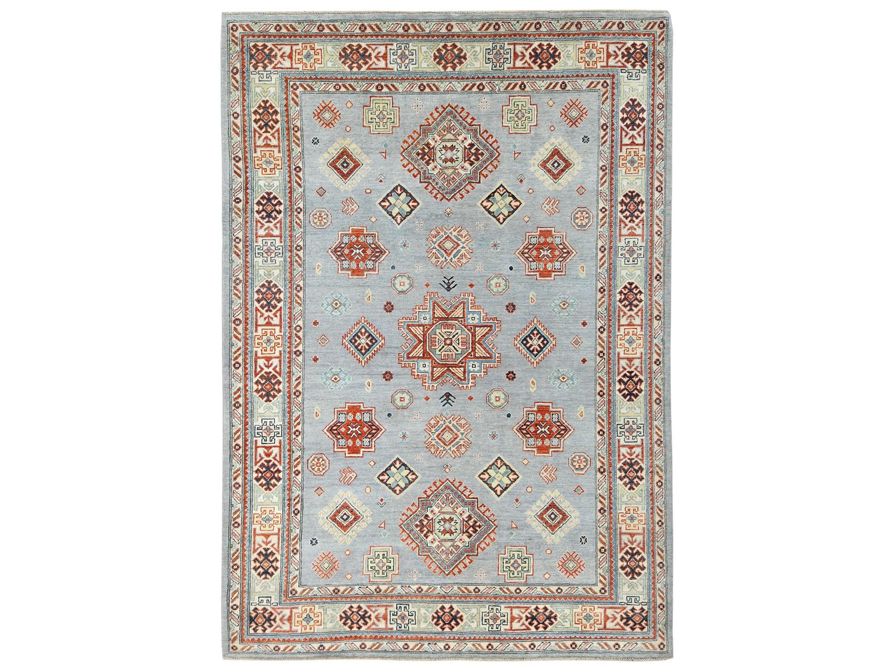Kazak Tribal & Geometric hand-knotted wool rug in Gray & Ivory, 6'2" x 8'9" — SKU O081755