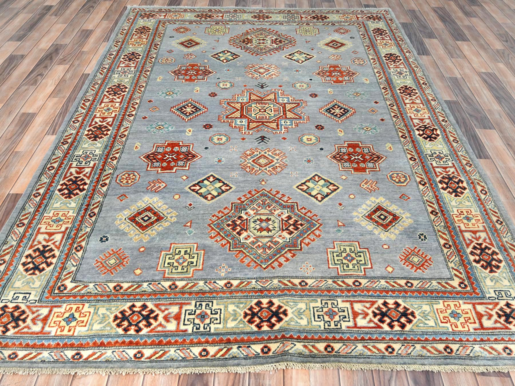 Kazak Tribal & Geometric hand-knotted wool rug in Gray & Ivory, 6'2" x 8'9" — SKU O081755 (view 3)