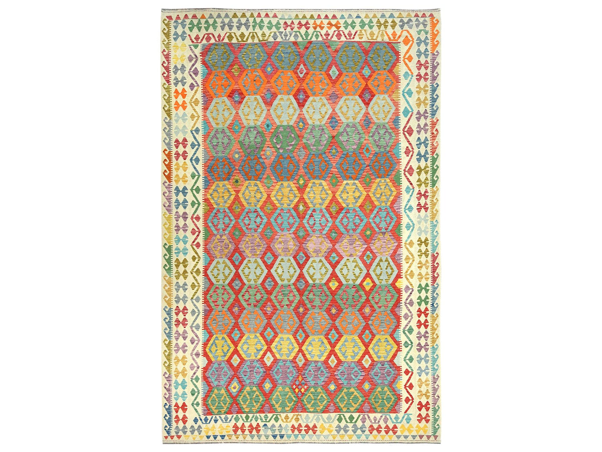 Kilim Flat-Weave hand-knotted wool rug in Multicolored & Ivory, 10' x 16' — SKU O081782