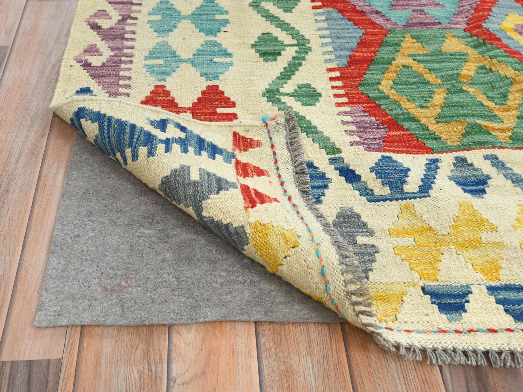 Kilim Flat-Weave hand-knotted wool rug in Multicolored & Ivory, 10' x 16' — SKU O081782 (view 2)