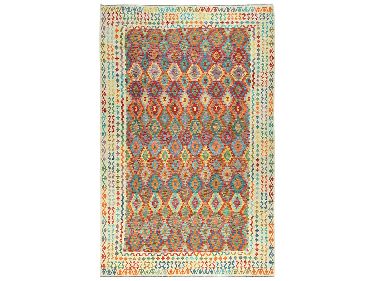 Kilim Flat-Weave hand-knotted wool rug in Multicolored & Ivory, 10'3" x 16'1" — SKU O081784