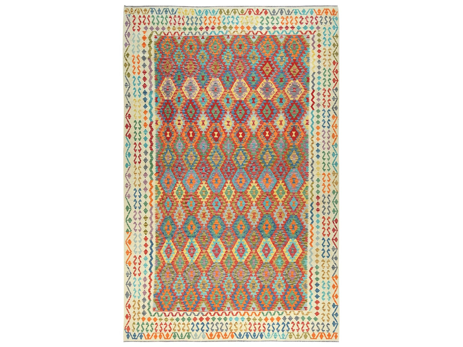 Kilim Flat-Weave hand-knotted wool rug in Multicolored & Ivory, 10'3" x 16'1" — SKU O081784