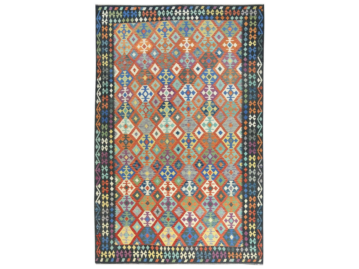 Kilim Flat-Weave hand-knotted wool rug in Multicolored & Black, 10'5" x 15'10" — SKU O081804