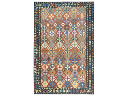 Kilim Flat-Weave hand-knotted wool rug in Multicolored & Black, 10'5" x 15'10" — SKU O081804
