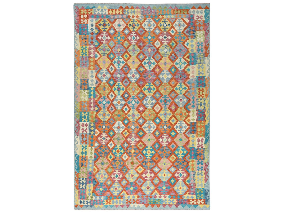 Kilim Flat-Weave hand-knotted wool rug in Multicolored & Orange, 10' x 16' — SKU O081817
