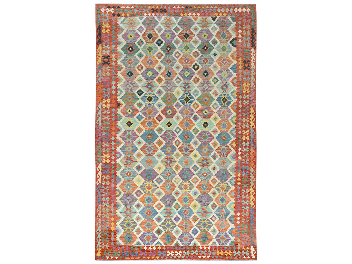 Kilim Flat-Weave hand-knotted wool rug in Multicolored & Orange, 10' x 16'5" — SKU O081821