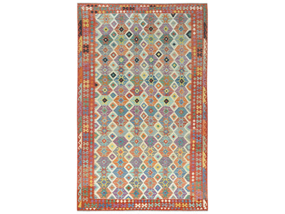 Kilim Flat-Weave hand-knotted wool rug in Multicolored & Orange, 10' x 16'5" — SKU O081821