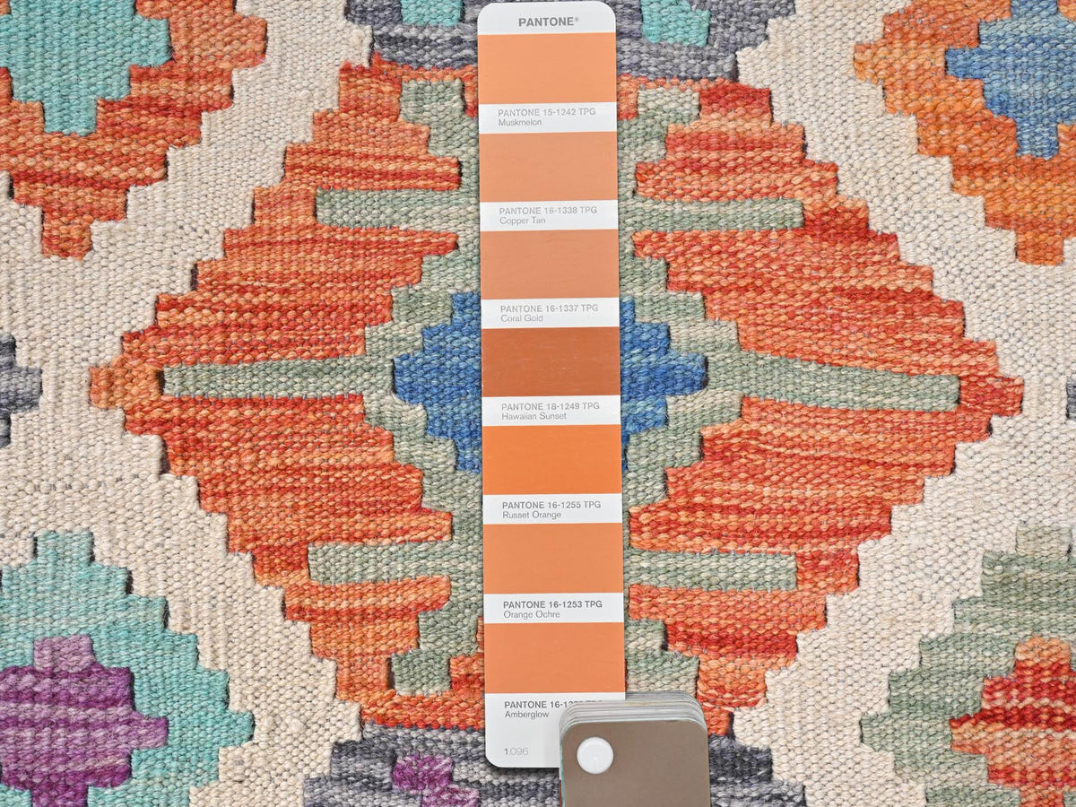 Kilim Flat-Weave hand-knotted wool rug in Multicolored & Orange, 10' x 16'5" — SKU O081821 (view 3)