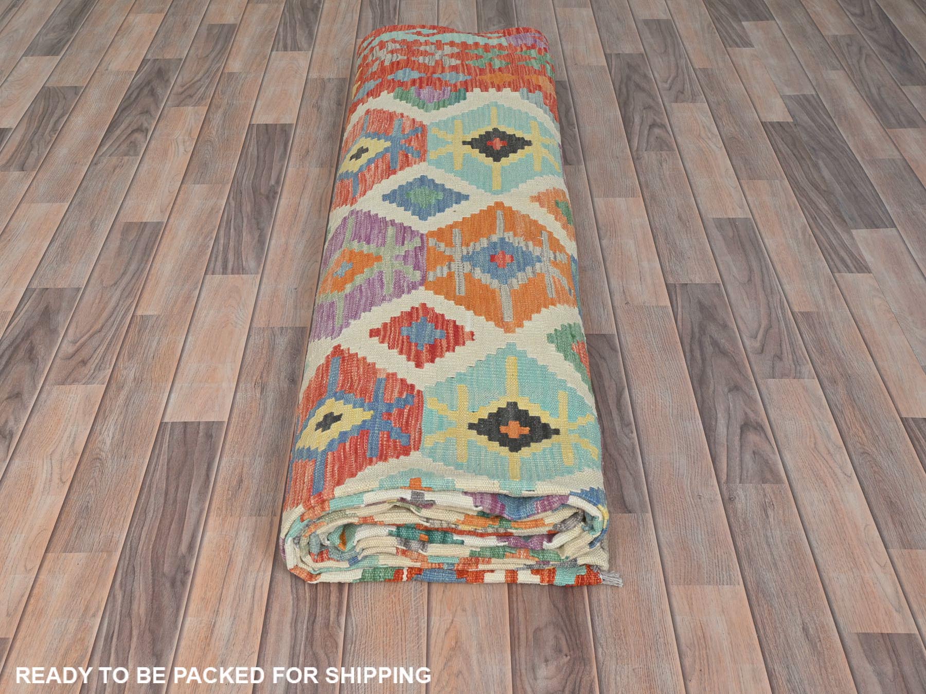 Kilim Flat-Weave hand-knotted wool rug in Multicolored & Orange, 10' x 16'5" — SKU O081821 (view 4)