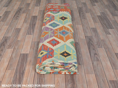 Kilim Flat-Weave hand-knotted wool rug in Multicolored & Orange, 10' x 16'5" — SKU O081821 (view 4)