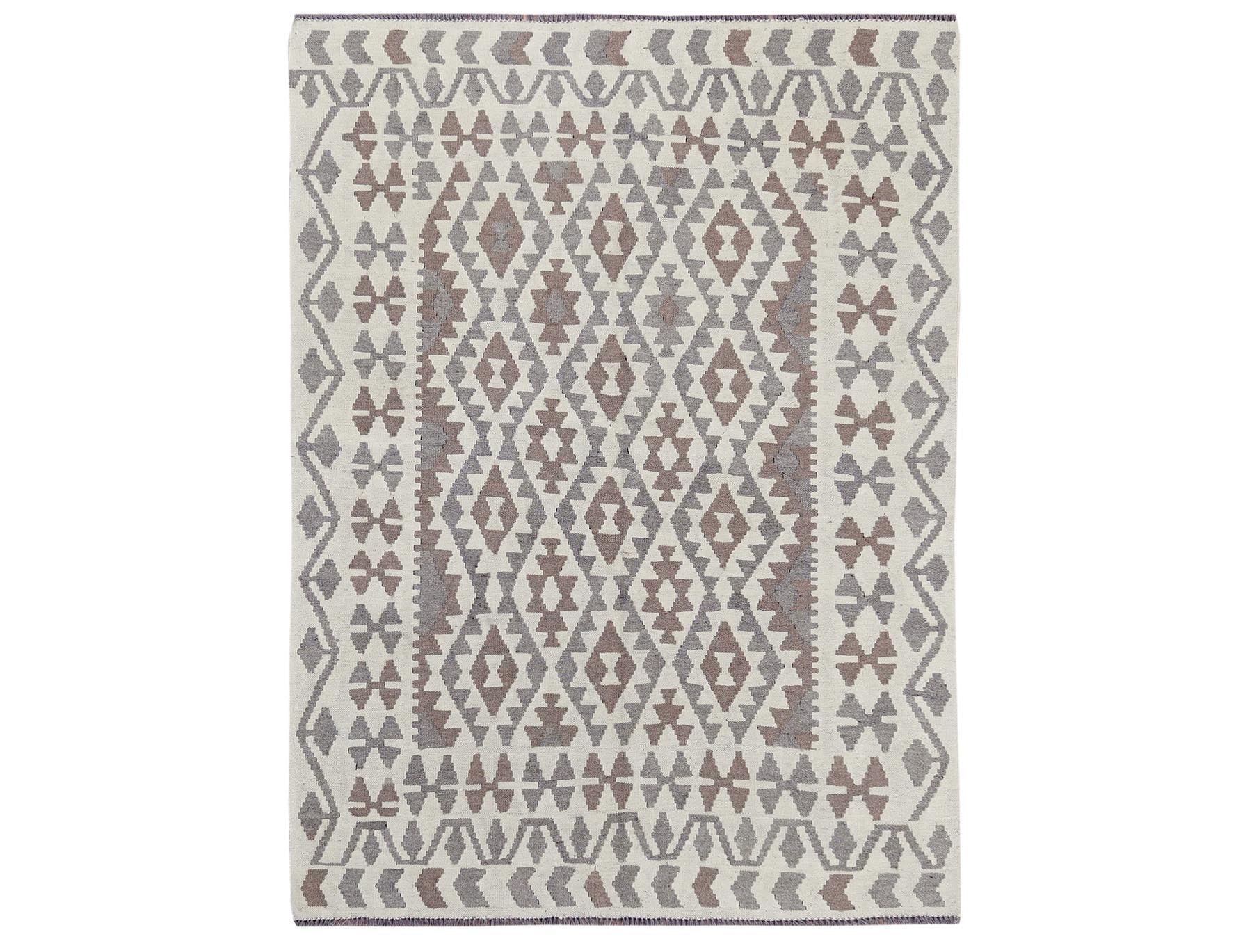Kilim Flat-Weave hand-knotted wool rug in Ivory, 4'9" x 6'5" — SKU O081828