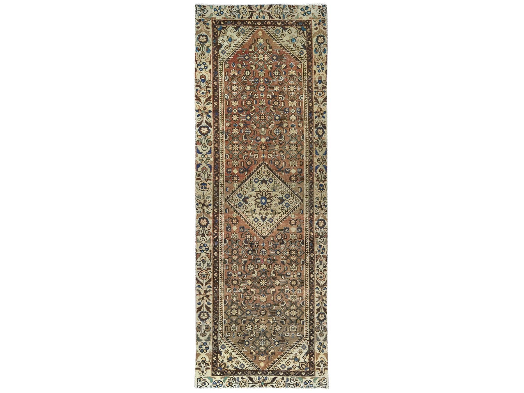 Brown 3'4" x 10'0" Vintage Hand knotted Wool Rug - Sku: O081851