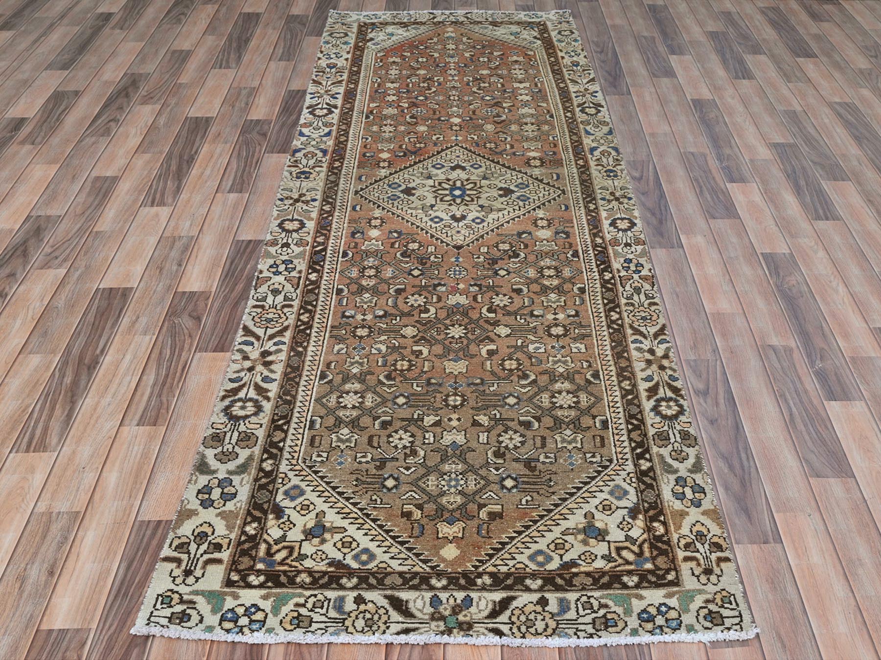 Brown 3'4" x 10'0" Vintage Hand knotted Wool Rug - Sku: O081851