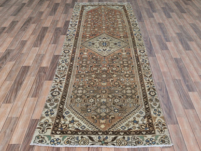 Brown 3'4" x 10'0" Vintage Hand knotted Wool Rug - Sku: O081851