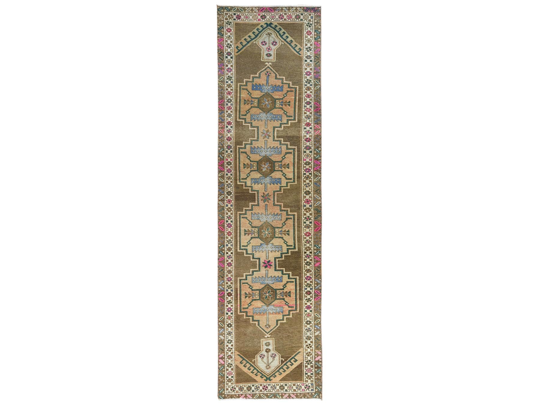 Vintage hand-knotted wool runner in Brown & Ivory, 3'3" x 12'10" — SKU O081868